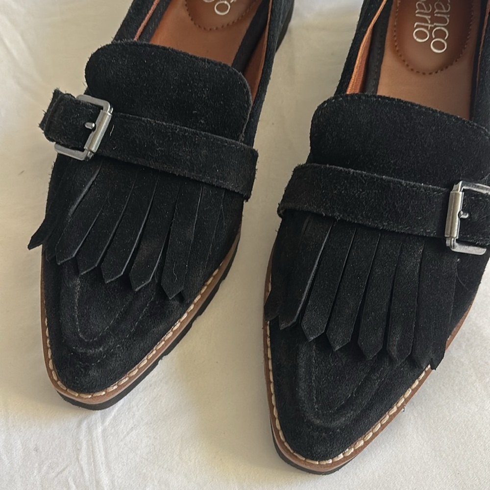 Franco Sarto Darius suede leather pointed toe fringe loafers - Picture 2 of 9